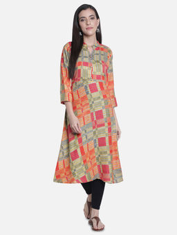 Fabclub - Multi-Color Rayon Mandarin Neck Printed Geometric Kurta