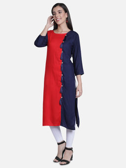 Fabclub - Multi-Color Rayon Round Neck Tassels Colorblock Kurta