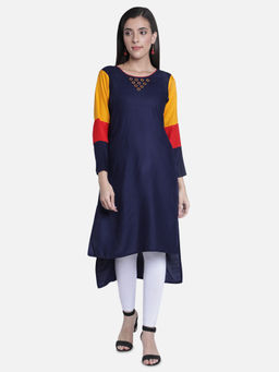 Fabclub - Navy Blue Rayon Round Neck Plain Colorblock Kurta