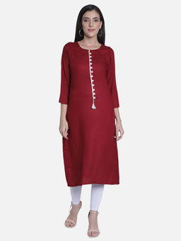 Fabclub - Maroon Rayon Round Neck Plain Solid Kurta