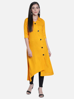 Fabclub - Mustard Rayon Collar Neck Plain Solid Kurta