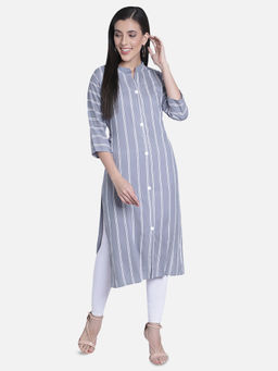 Fabclub - Grey Rayon Mandarin Neck Printed Stripes Kurta