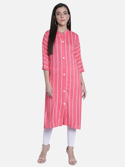 Fabclub - Pink Rayon Mandarin Neck Printed Stripes Kurta