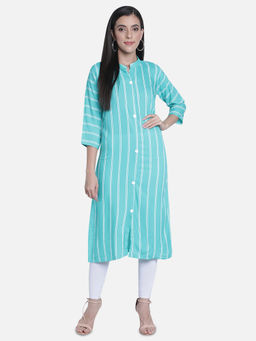 Fabclub - Turquoise Rayon Mandarin Neck Printed Stripes Kurta