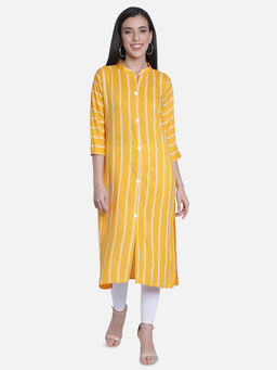 Fabclub - Mustard Rayon Mandarin Neck Printed Stripes Kurta