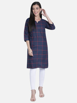 Fabclub - Navy Blue Cotton Round Neck Printed Checks Kurta