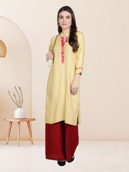 Fabclub - Beige Rayon Mandarin Neck Plain Solid Kurta