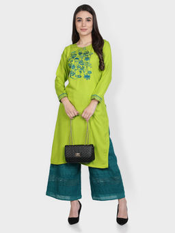 Fabclub - Green Rayon Round Neck Embroidered Solid Kurta