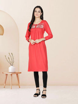 Fabclub - Red Rayon Round Neck Embroidered Solid Kurta
