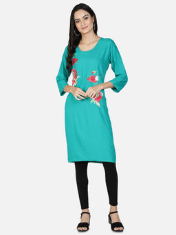 Fabclub - Turquoise Rayon Round Neck Embroidered Floral Kurta