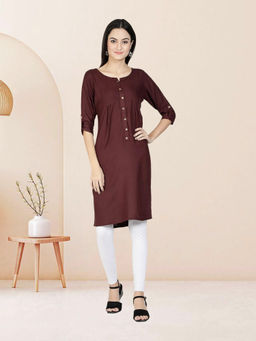Fabclub - Brown Rayon Round Neck Plain Solid Kurta