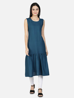 Fabclub - Teal Rayon Round Neck Plain Solid Kurta