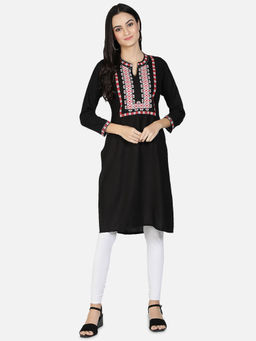 Fabclub - Black Rayon Mandarin Neck Embroidered Solid Kurta