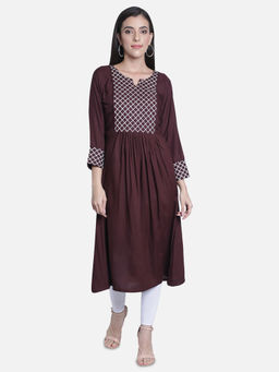 Fabclub - Brown Rayon Round Neck Embroidered Solid Kurta