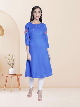 Fabclub - Blue Rayon Round Neck Embroidered Solid Kurta