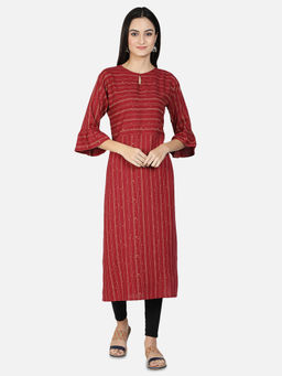 Fabclub - Maroon Viscose Rayon Keyhole Neck Printed Stripes Kurta