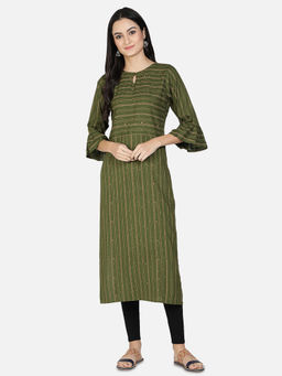 Fabclub - Olive Viscose Rayon Keyhole Neck Printed Stripes Kurta