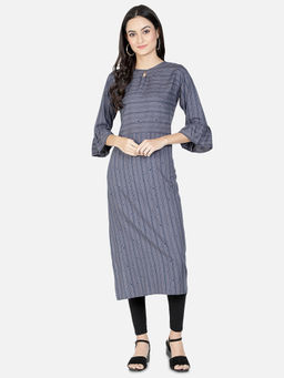 Fabclub - Grey Viscose Rayon Keyhole Neck Printed Stripes Kurta