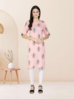 Fabclub - Pink Linen Blend Round Neck Block Print Printed Kurta