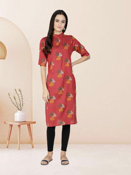 Fabclub - Maroon Linen Blend High Neck Block Print Printed Kurta