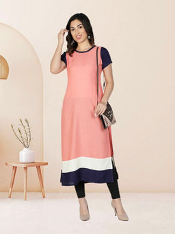 Fabclub - Peach Rayon Round Neck Plain Colorblock Kurta
