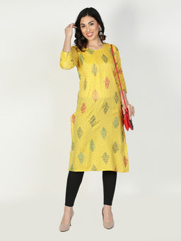 Fabclub - Yellow Muslin Round Neck Printed Kurta