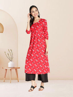 Fabclub - Red Rayon Round Neck Printed Kurta