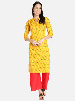 Fabclub - Mustard Cotton Mandarin Neck Printed Kurta