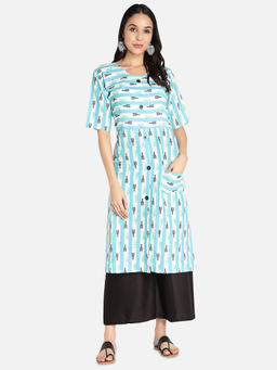 Fabclub - Aqua Cotton Slub Round Neck Printed Stripes Kurta