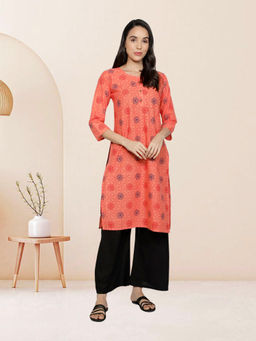 Fabclub - Orange Cotton Round Neck Printed Kurta