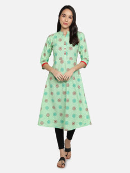 Fabclub - Aqua Cotton Mandarin Neck Printed Kurta