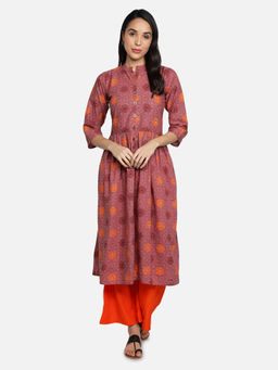 Fabclub - Magenta Cotton Mandarin Neck Printed Kurta