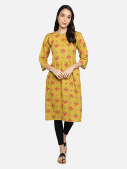 Fabclub - Mustard Cotton Round Neck Printed Floral Kurta