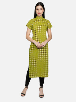 Fabclub - Green Rayon High Neck Printed Polka Dots Kurta