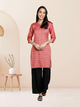 Fabclub - Pink Cotton Slub Round Neck Printed Kurta