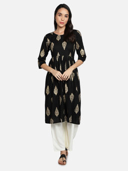 Fabclub - Black Rayon Round Neck Printed Kurta
