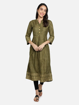 Fabclub - Olive Rayon Mandarin Neck Printed Checks Kurta