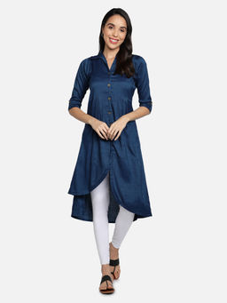 Fabclub - Blue Rayon Slub Collar Neck Plain Solid Kurta