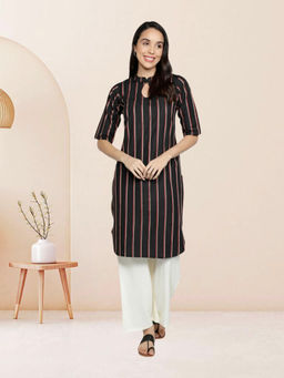 Fabclub - Black Cotton Keyhole Neck Printed Stripes Kurta