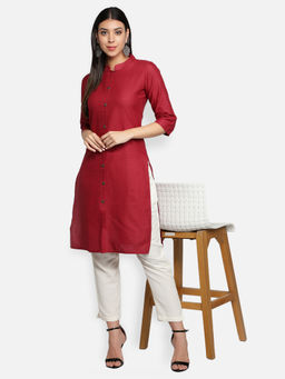 Fabclub - Maroon Cotton Flex Mandarin Neck Plain Solid Kurta