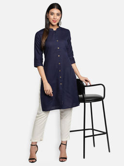 Fabclub - Navy Blue Cotton Flex Mandarin Neck Plain Solid Kurta