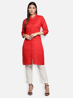 Fabclub - Red Cotton Flex Mandarin Neck Plain Solid Kurta