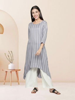 Fabclub - Grey Rayon Boat Neck Printed Stripes Kurta