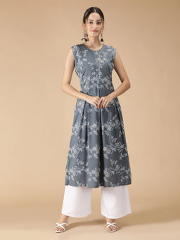 Fabclub - Grey Rayon Round Neck Printed Floral Kurta