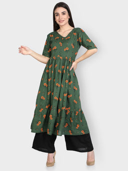 Fabclub - Green Cotton V-Neck Printed Floral Kurta