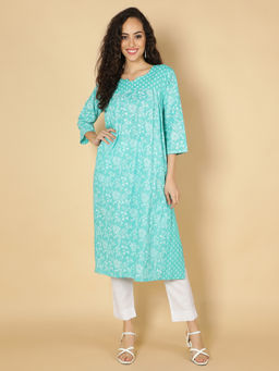 Fabclub - Aqua Cotton Round Neck Printed Floral Kurta