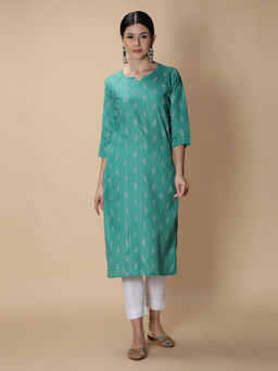Fabclub - Turquoise Cotton Slub Round Neck Printed Kurta