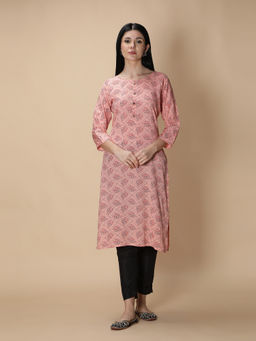 Fabclub - Peach Rayon Round Neck Printed Floral Kurta