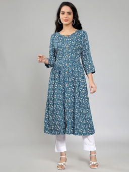Fabclub - Blue Rayon Round Neck Printed Floral Kurta