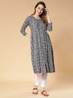 Fabclub - Grey Rayon Round Neck Printed Floral Kurta